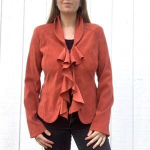 NWT CATO Woman Jacket Women’s 22W Orange Ruffle Front Velvety Faux Suede Blazer